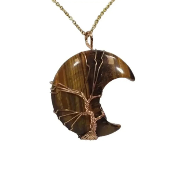 Tigers Eye Golden Wire Wrapped Half Moon Pendant with 18in Chain. - Picture 1 of 5
